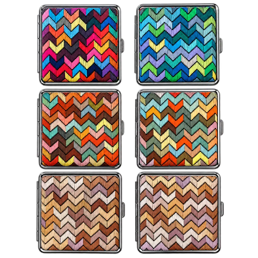 Seis estuches metálicos con tejidos chevron.webp