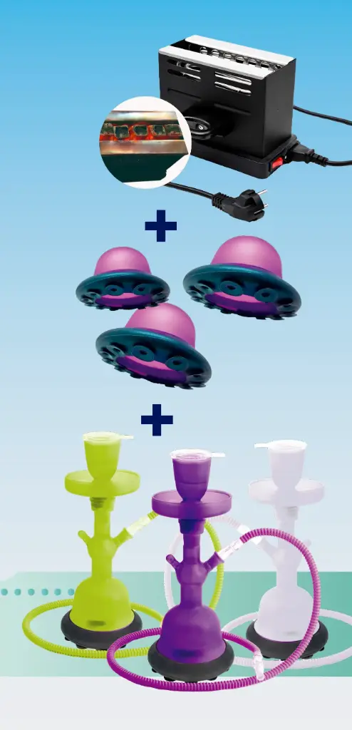 SET 3 CACHIMBAS + 3 PEANAS CON VENTOSA + QUEMADOR DE CARBÓN