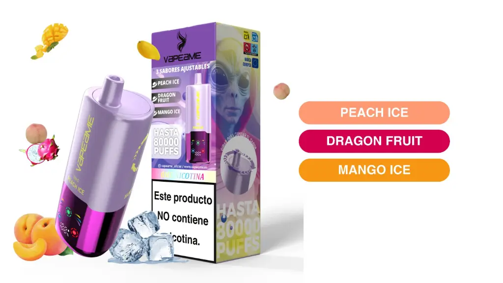 PACK 5 VAPER DESECHABLE BIG ME 3 EN 1 VIOLET 0% NICOTINA 80K PEACH, DRAGON Y MANGO (MELOCOTON, FRUTA DEL DRAGON Y MANGO)